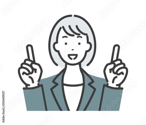 両手の指差しポーズでアピールする若いビジネスウーマン