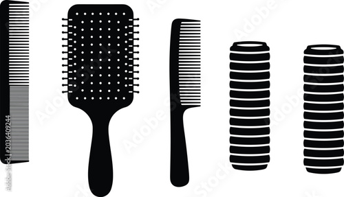 Fotografía Black silhouette vector illustration of hair styling tools including brush, comb