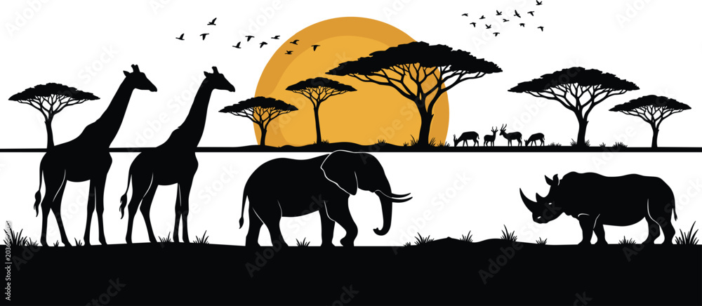 Fototapeta premium Silhouette vector illustration of African savanna wildlife with giraffes, elephant, rhinoceros, acacia trees, and sunset
