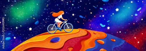 Girl Rides Bicycle In Fantasy Starry Space