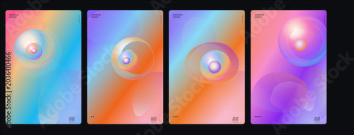 Konstfotografi A vibrant display of colorful abstract patterns with glowing circles appears on multiple screens in a dark room