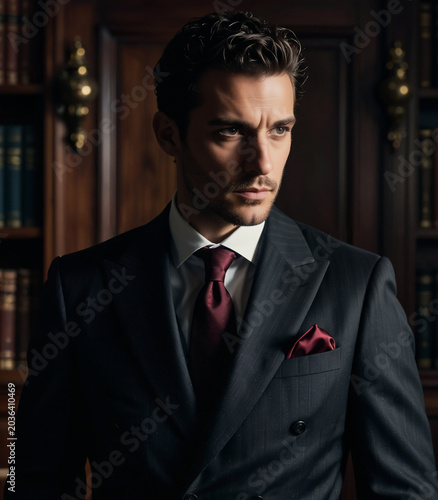 Charcoal Suit Portrait: Mediterranean Intellectual in Dimly Lit Study