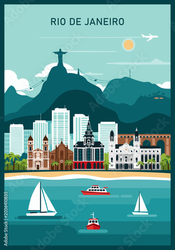 Schilderij op canvas Vector illustration of Rio de Janeiro city skyline with Christ the Redeemer stat