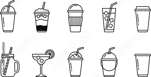Foto Cold drink and beverage line icon set with iced coffee cocktail smoothie mason j