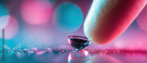 Macro image of a contact lens on a fingertip with vibrant pink and blue bokeh background, suitable for vision, health, and technology concepts.