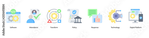 Photos Digital Workplace web banner icon vector illustration featuring Software, Attendance, Transform, Policy, Response, Technology, and Digital Platform