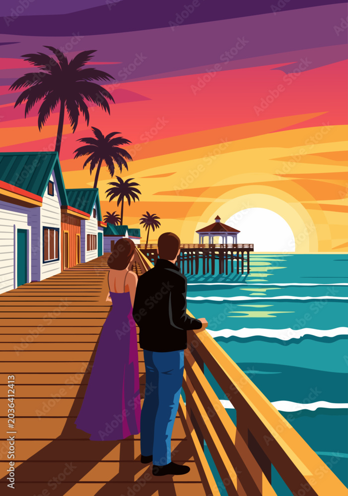 Obraz premium Romantic couple enjoying a serene sunset pier view illustration in vector art, a perfect romantic evening