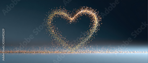 Golden glitter particles forming a sparkling heart shape against a deep blue background, ideal for love, romance, celebration, or Valentine's Day themes.
