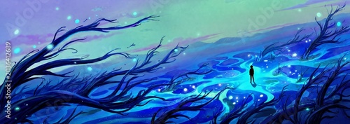 Lonely Figure Walking In Magical Night Forest