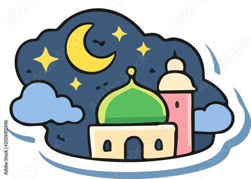 Night Mosque Under Crescent Moon