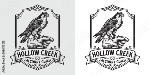Tableau sur toile Minimalist Hollow Creek falconry guild emblem with perched falcon on glove