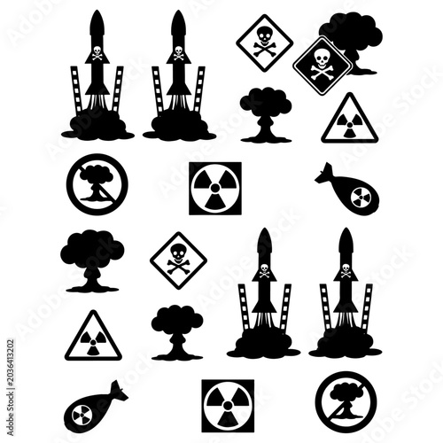 Military weapons of mass destruction and catastrophic explosion vector icons bundle