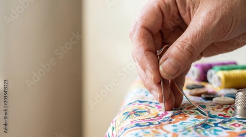Close-up of a person sewing with a needle and colorful threads