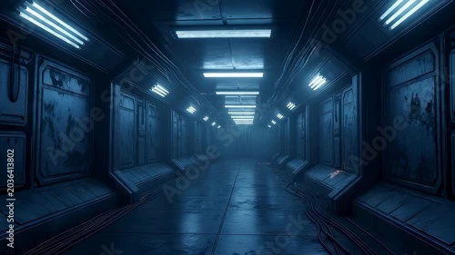 Gloomy spaceship corridor with blue lighting. Abandoned metal hallway of futuristic vessel. Science fiction mystery interior for cinematic horror and spooky film.