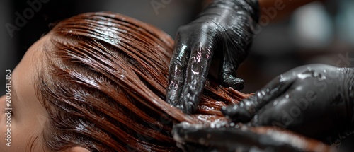 Hands in black gloves apply dye to a client’s hair — a professional backdrop for beauty salons, hair colouring and personal care.