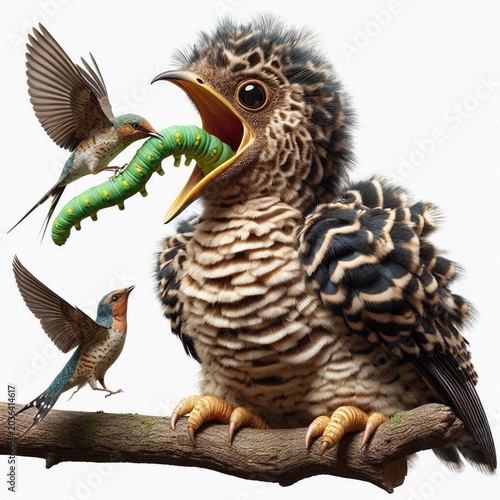 Cuckoo chick with adoptive parent bird