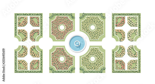 A top-down view of a formal garden with a central fountain and patterned flower beds.
