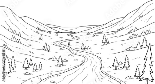 Black and white mountain valley landscape coloring book page for children and adults