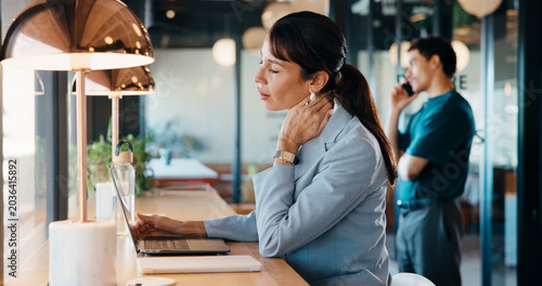 Принти на полотні Neck pain, laptop or woman in agency with strain, burnout or joint tension in muscle injury