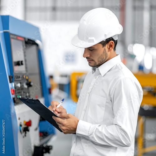 Man inspects machinery in factory