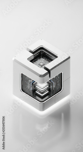 Abstract futuristic cube with internal structure and technology details