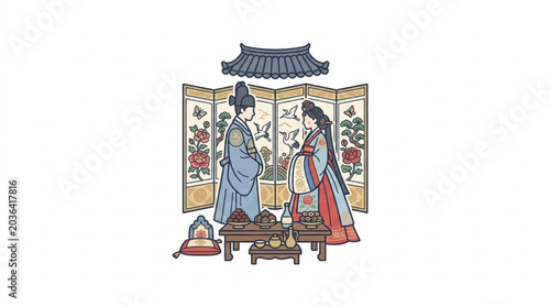 Traditional Korean Couple in Royal Attire During Ceremony.