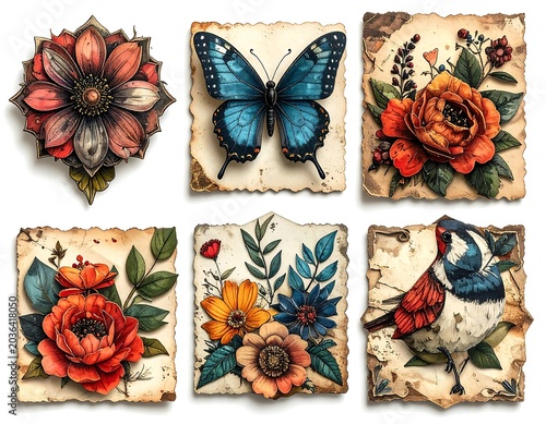 Floral art collection on aged paper