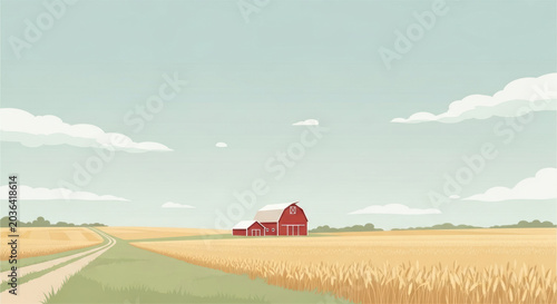 Rural scene with red barn amidst golden wheat field under a pastel sky