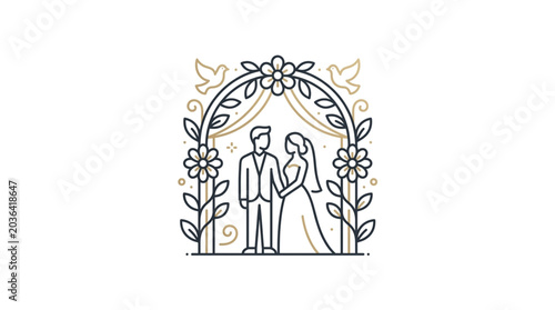 Wedding Couple Standing Under Floral Archway with Doves.