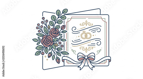 Wedding invitation card with floral decoration and rings.