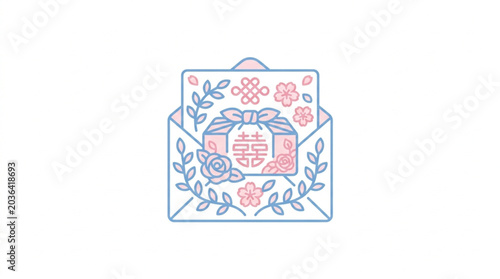 Wedding invitation card with floral design and gift box illustration.