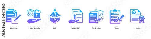 Foto Publishing Rights web banner icon vector illustration featuring Alteration, Public Domain, Fair, Publishing, Publication, Terms, and License