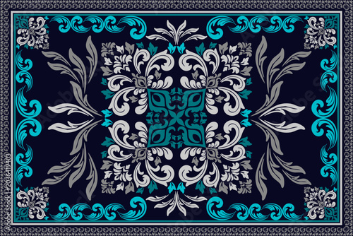 This illustration features a luxurious vintage round frame adorned with seamless floral lace and intricate damask patterns, perfect for creating antique style cards.