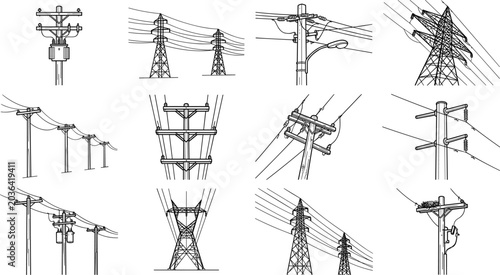 Fotografie Set of black and white line art illustrations featuring various electric power u