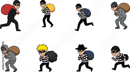 Tableau sur toile Set of cartoon thief icons carrying loot bags, depicting burglar characters in m