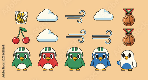 Cute cartoon bird characters with racing helmets and weather icons set
