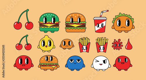 Cute Retro Fast Food and Fruit Cartoon Characters Collection Vector Art