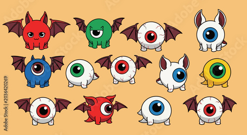 Cute Eyeball Bat Monster Cartoon Vector Illustrations Collection