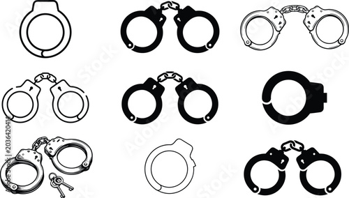 Fotografía Set of handcuffs icons featuring various styles including silhouette, outline, a