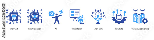 Photography Smart Solutions web banner icon vector illustration featuring Smart Cart, Smart Education, AI, Presentation, Smart Farm, Raw Data, and Unsupervised Learning