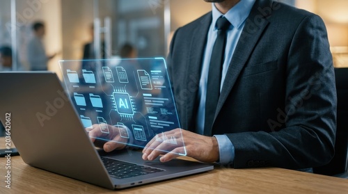 Businessman working on laptop with futuristic holographic AI interface for automated data management and document processing in modern office