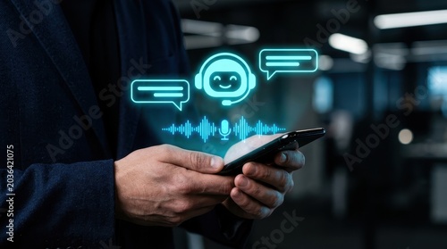 Man using smartphone with AI chatbot holographic interface, showing voice assistant and conversation icons, representing artificial intelligence communication and customer service.