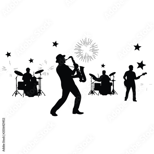 Photography Vector silhouette illustration of a jazz band performing with stars and light effects