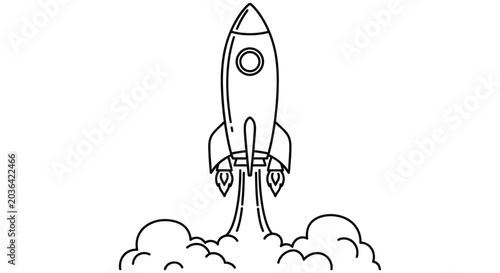 Canvas Print A simple black and white illustration of a rocket launching upwards