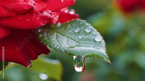 Close up of a red rose petal with water droplets on a leaf.