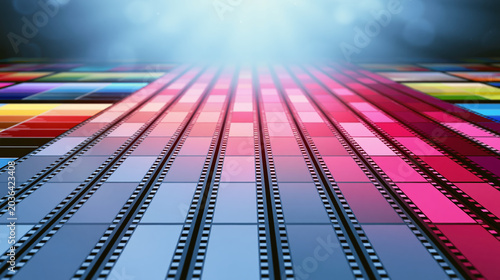 Colorful film strip abstract perspective background with blank cinema media space