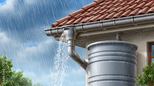 Rainwater harvesting system with roof gutter filling storage tank in storm scene