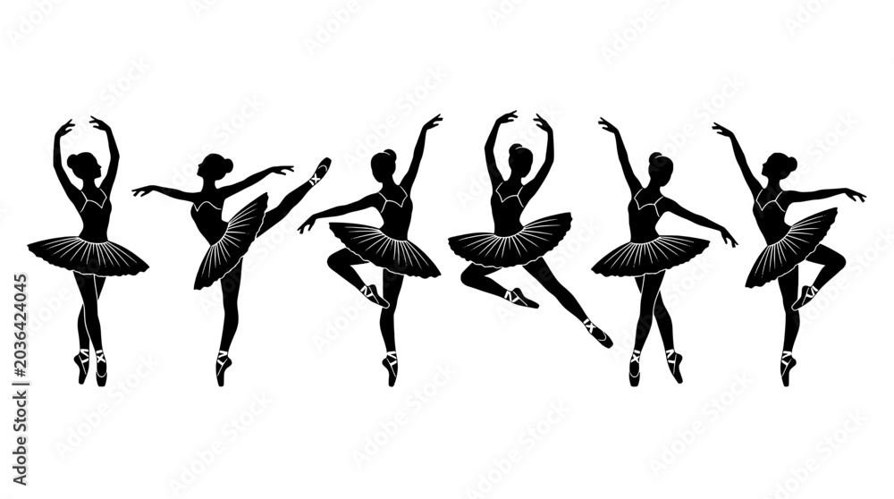 Obraz premium Ballerinas Dancing Set with Elegant Poses and Tutus in Silhouette Style Featuring Ballet, Performance, Art with Dance and Grace Elements for Poise,