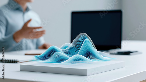 Voice command office document workflow with digital data wave on desk and blurred adult in meeting room