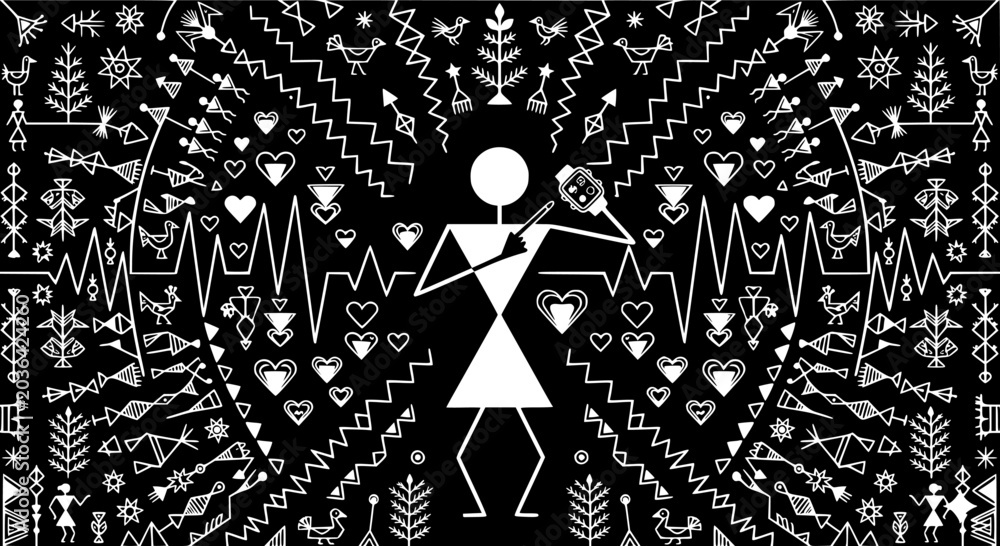 Φωτογραφία Traditional Indian Warli folk art illustration featuring a person holding a microphone with abstract heart and heartbeat patterns, white line art on a black background, vector design